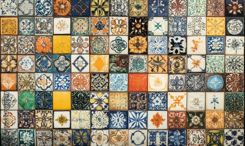 Colorful patterned ceramic tiles wall.