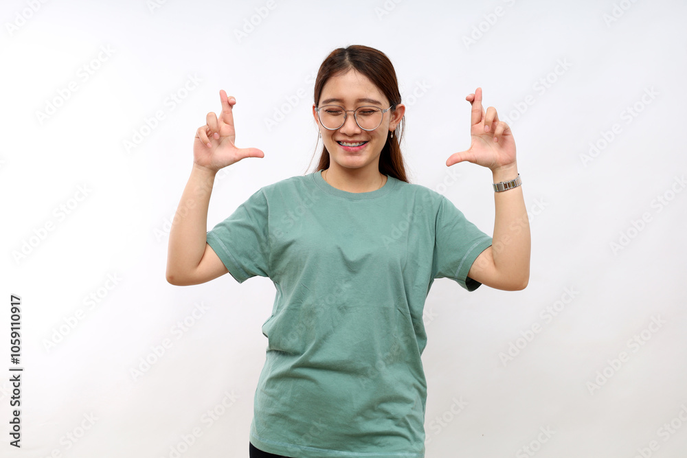 Anxious girl feel nervous about her dream work cross fingers bite lips isolated over white background Anxious girl feel nervous about her dream work cross fingers bite lips isolated over white background