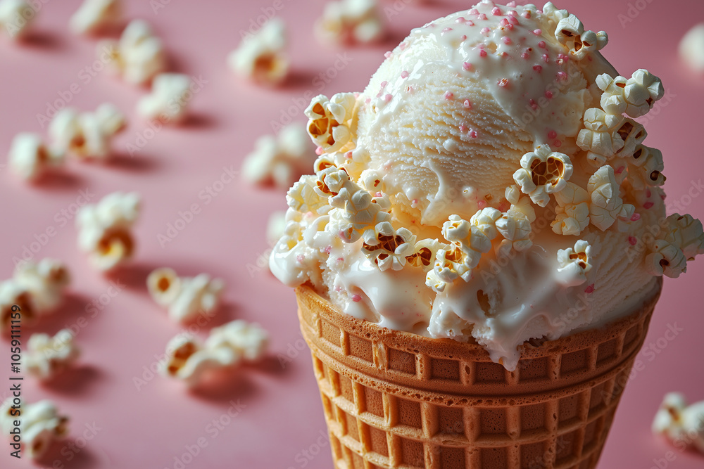 Ice cream in a waffle cup decorated with popcorn on a pink background. The unusual taste of ice cream combines delicate, creamy sweetness with the unexpected crunch of salty popcorn. A modern trend. Ice cream in a waffle cup decorated with popcorn on a pink background. The unusual taste of ice cream combines delicate, creamy sweetness with the unexpected crunch of salty popcorn. A modern trend.