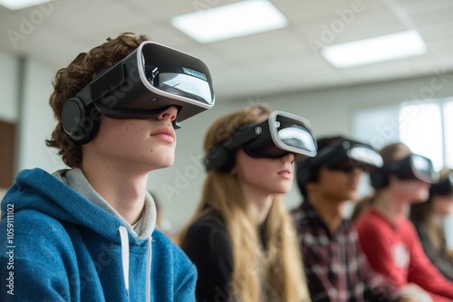Students in a classroom with VR headsets. Generative AI