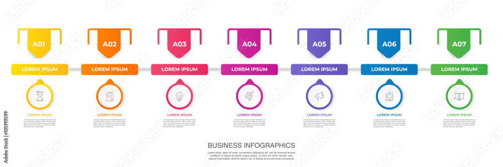 Business vector infographic design template. Circle timeline with icons and 7 seven arrows or steps. Used for process diagram, presentations, workflow layout, info graph, banner, flow chart Business vector infographic design template. Circle timeline with icons and 7 seven arrows or steps. Used for process diagram, presentations, workflow layout, info graph, banner, flow chart