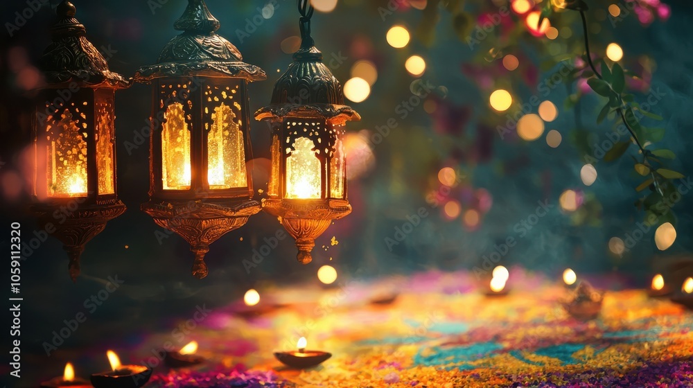 Beautifully decorated Diwali lanterns hanging in front of a glowing rangoli, with small diyas and colorful powder designs creating a warm, festive atmosphere Beautifully decorated Diwali lanterns hanging in front of a glowing rangoli, with small diyas and colorful powder designs creating a warm, festive atmosphere