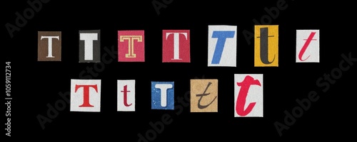 Set of cut-out letter “T” from magazines on a black background, retro y2k style symbols for collage