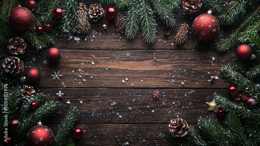 frame from christmas decoration with fir and red baubles on wooden background frame from christmas decoration with fir and red baubles on wooden background