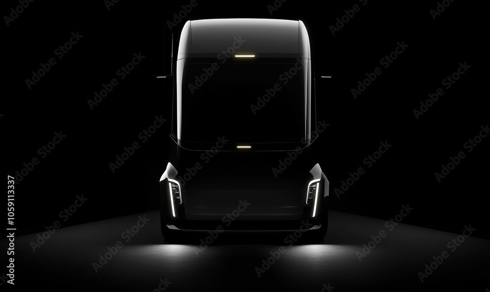 Obraz premium Black electric semi-truck with headlights on.