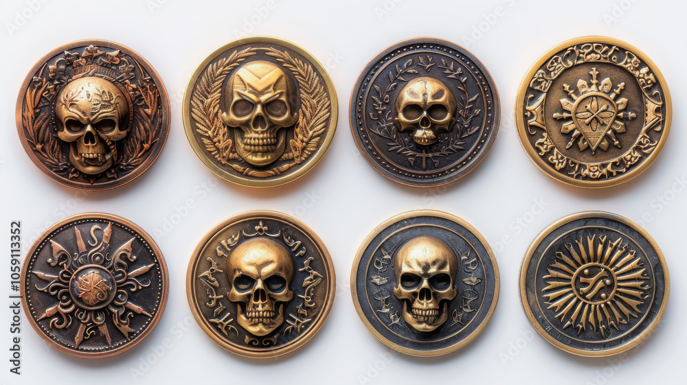 Set of Gold Coins with Monster and Skull Designs Set of Gold Coins with Monster and Skull Designs