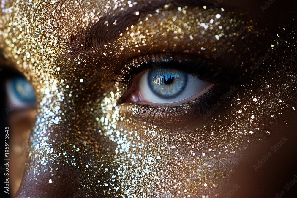 Extreme close-up of woman's eye with gold glitter