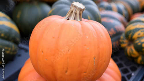 USA, Washington State, Kittitas County. Close-up of a colorful pumpkin at a garden center in Kittitas County. photo