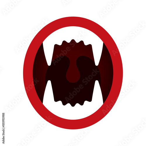 Vector warning symbol with a red circle, resembling the open mouth of a predatory beast with sharp fangs. Isolated on white background