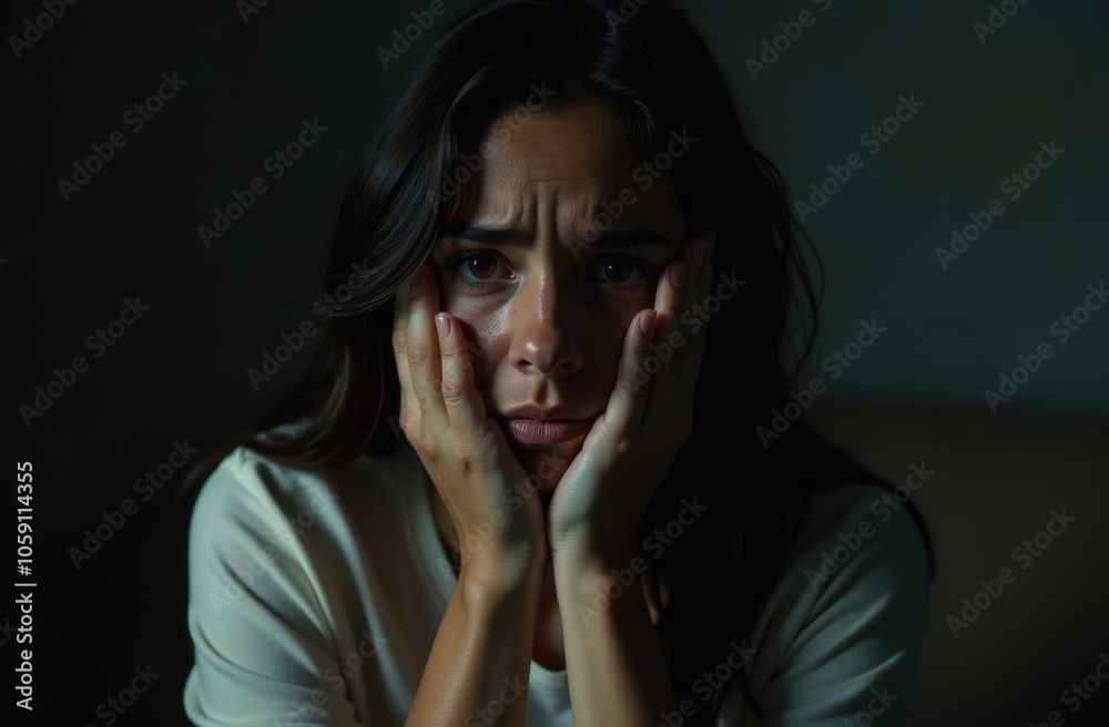 Close-up dark-haired woman crying, covering her face with hands, prevent gender-based violence and abuse concept Close-up dark-haired woman crying, covering her face with hands, prevent gender-based violence and abuse concept
