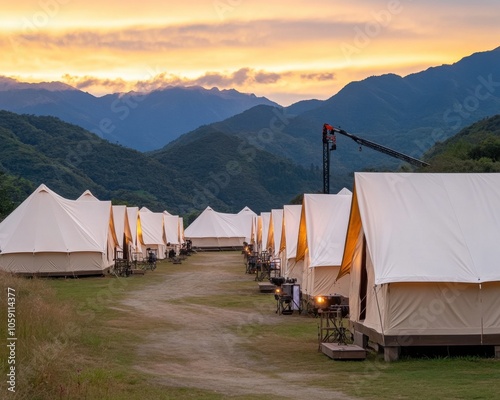 Scenic Outdoor Movie Set with Tents and Lighting photo