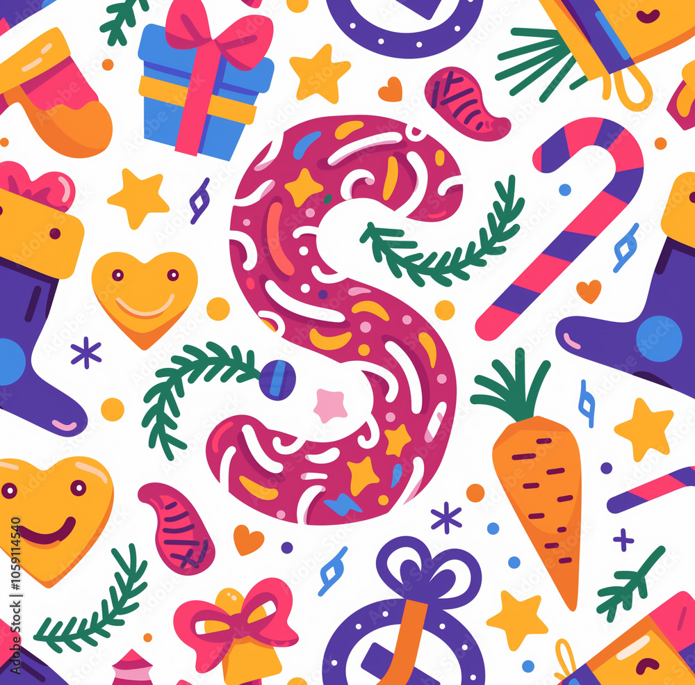 Obraz premium Simple vector illustration of a Christmas-themed pattern with carrots, gifts, and boots on a light background, with the letter 