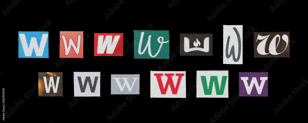 Set of cut-out letter “W” from magazines on a black background, retro y2k style symbols for collage Set of cut-out letter “W” from magazines on a black background, retro y2k style symbols for collage
