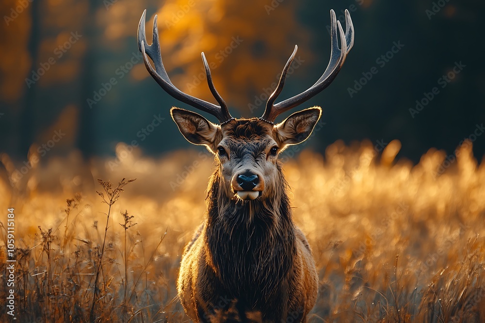 Red Deer Buck with Antlers in Golden Autumn Light