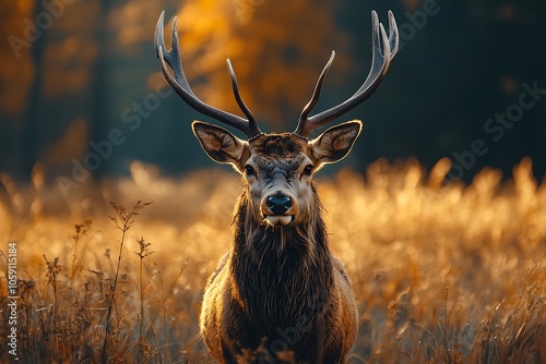 Red Deer Buck with Antlers in Golden Autumn Light photo