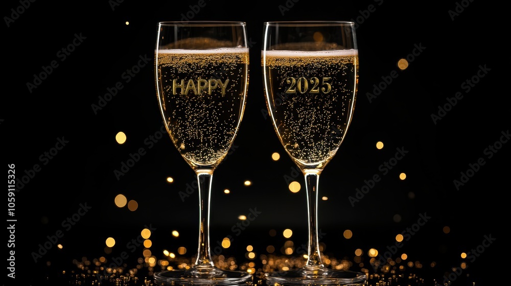 New Year's Eve toast, champagne glasses with glittering on black background New Year's Eve toast, champagne glasses with glittering on black background
