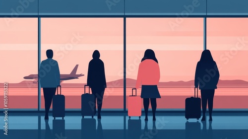 Passengers with Suitcases Waiting at Airport Terminal