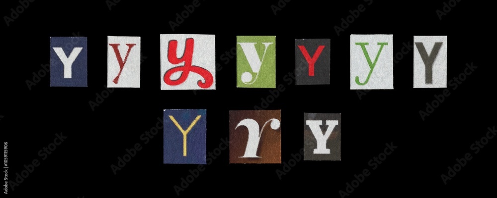 Set of cut-out letter “Y” from magazines on a black background, retro y2k style symbols for collage Set of cut-out letter “Y” from magazines on a black background, retro y2k style symbols for collage