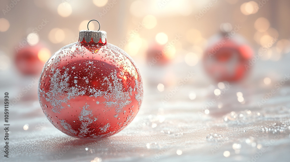 red Christmas balls with glitter on white snowy wallpaper red Christmas balls with glitter on white snowy wallpaper