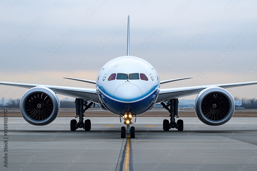 Photograph of an airplane with white and blue livery Photograph of an airplane with white and blue livery