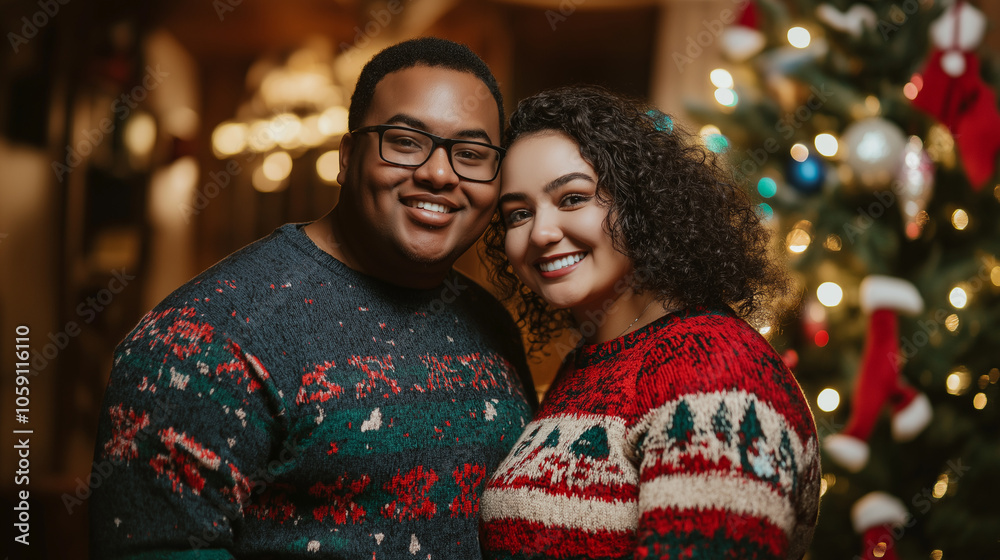Fototapeta premium Smiling couple in festive holiday sweaters standing together by a Christmas tree, celebrating the season with warmth and joy