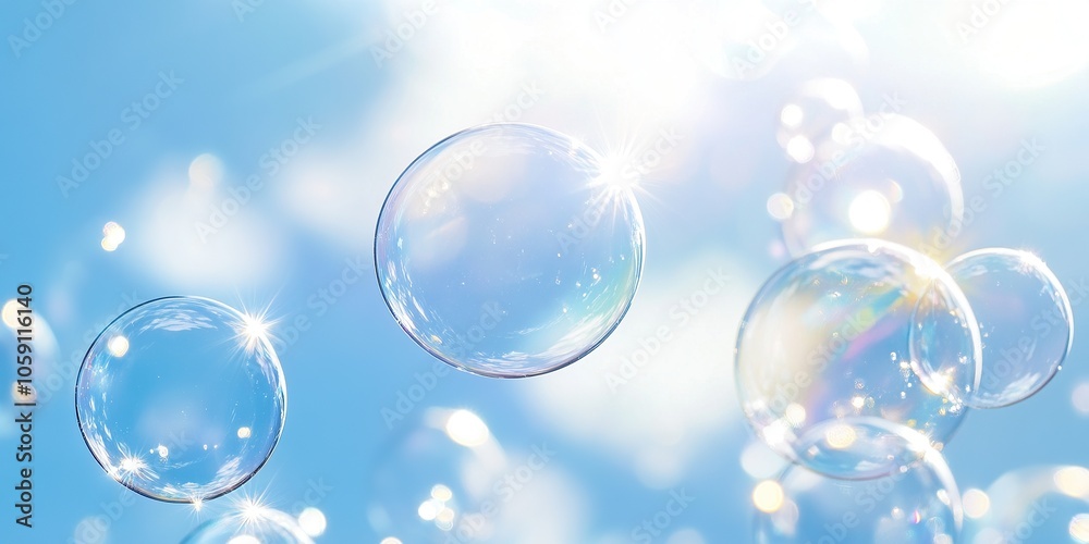 Photo of clear bubbles floating in the air, with an ethereal blue background Photo of clear bubbles floating in the air, with an ethereal blue background