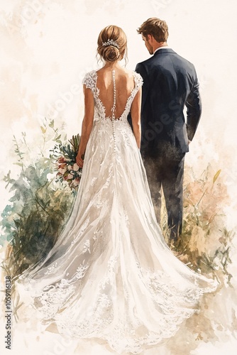 A beautiful wedding moment capturing the love and elegance of a couple on their special day in a dreamy watercolor style