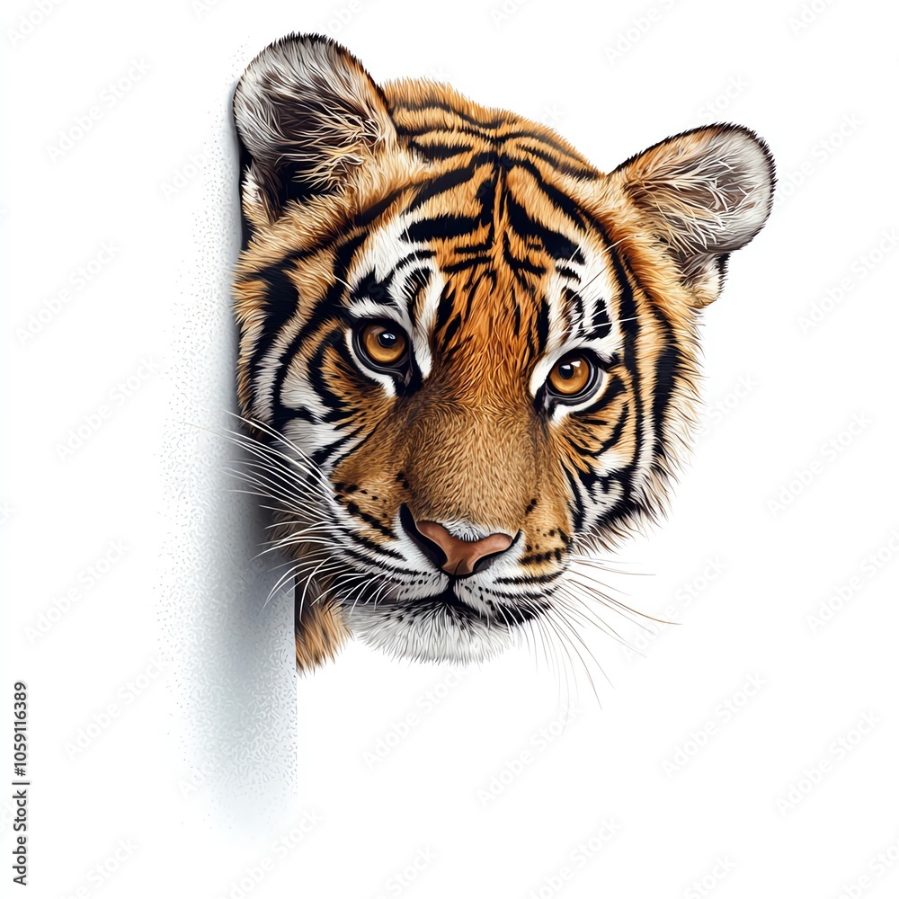 Fototapeta premium Tiger head emerging, white isolate background