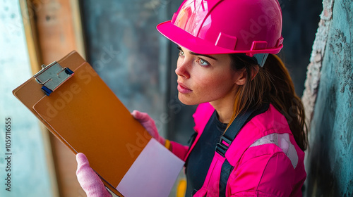 Construction Inspector Woman Checking for Mold Issues with Clipboard and Pink Hard Hat photo