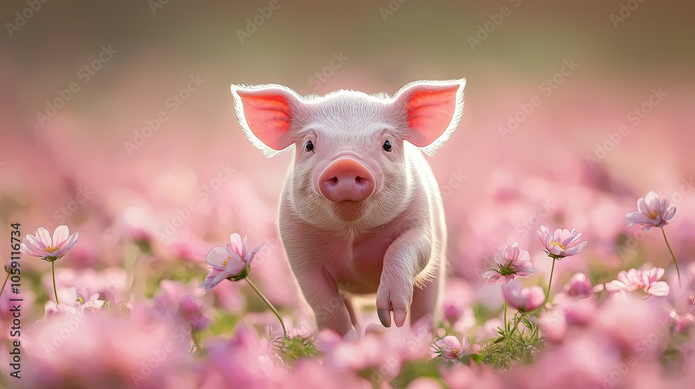Cute piglet in a flower field. Cute piglet in a flower field.
