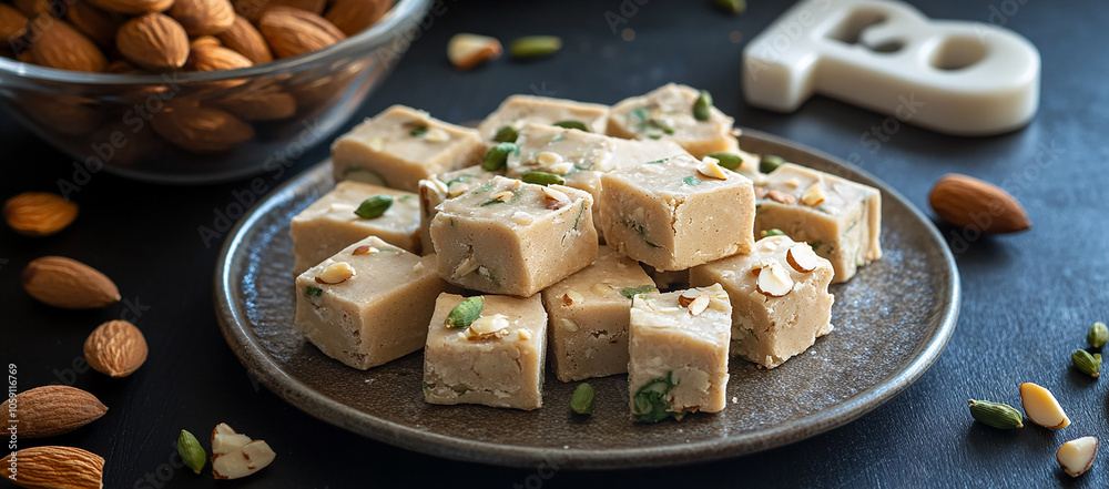 A plate of delicate and creamy Indian fudge, made with natural milk products A plate of delicate and creamy Indian fudge, made with natural milk products