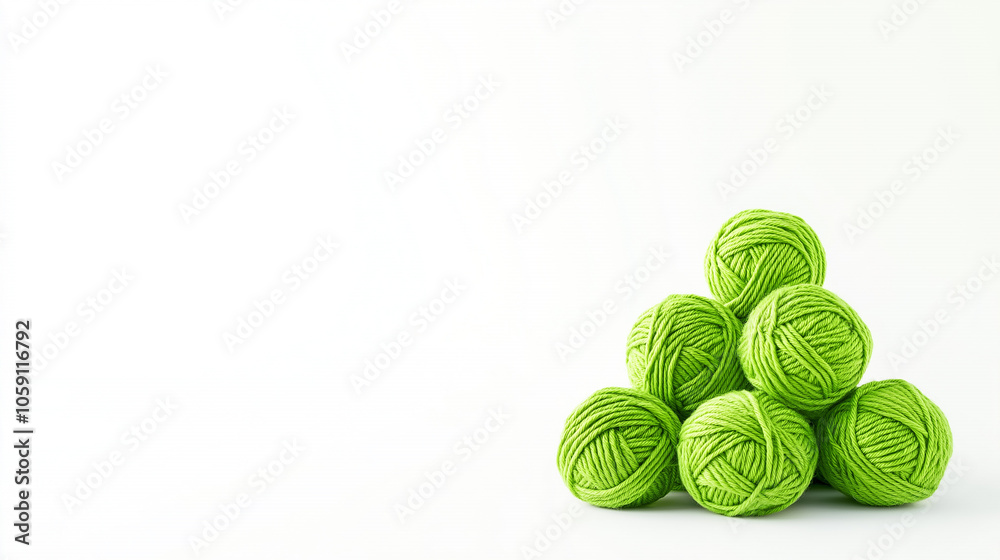 Green yarn balls in pyramid shape on white background. Crafts and hobbies concept. Green yarn balls in pyramid shape on white background. Crafts and hobbies concept.