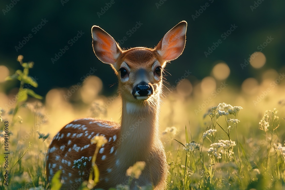 Spotted Fawn with Alert Ears in a Wildflower Meadow Spotted Fawn with Alert Ears in a Wildflower Meadow