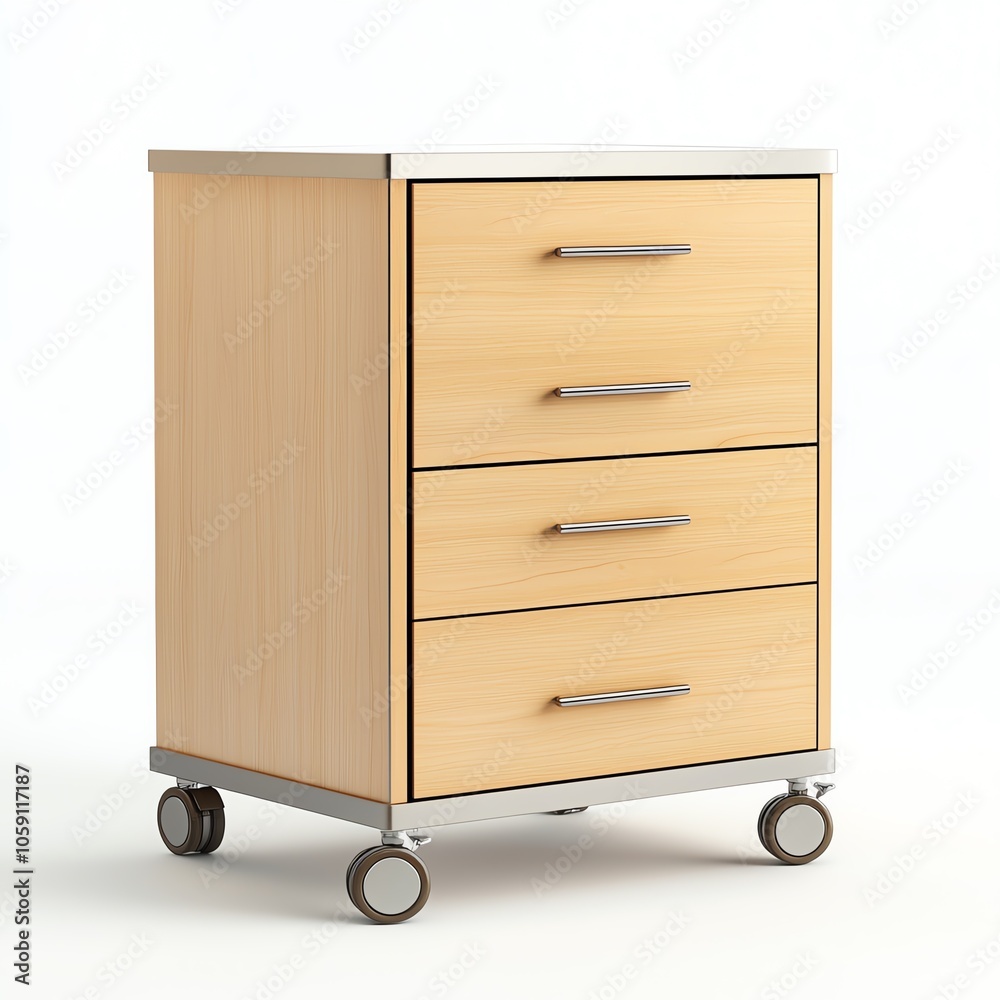 Modern wooden mobile storage cabinet with three drawers on wheels, ideal for office or home organization. Modern wooden mobile storage cabinet with three drawers on wheels, ideal for office or home organization.