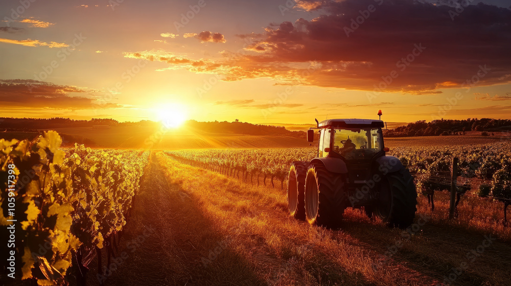 Fototapeta premium modern tractor in vineyard at sunset, surrounded by lush grapevines, creates serene and picturesque farming scene. warm colors of sunset enhance beauty of landscape