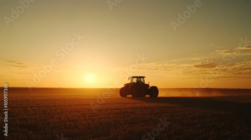modern tractor silhouetted against stunning sunset in vast field, creating serene and picturesque farming scene