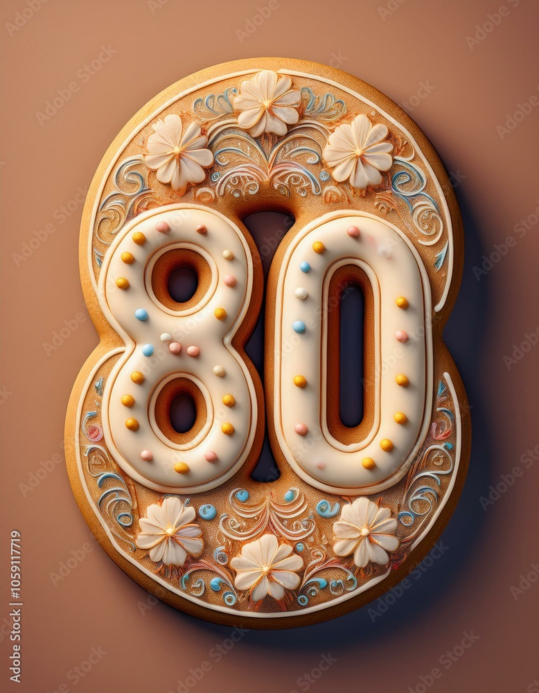 Decorated cookie, number 80, image for birthday or anniversary celebration Decorated cookie, number 80, image for birthday or anniversary celebration