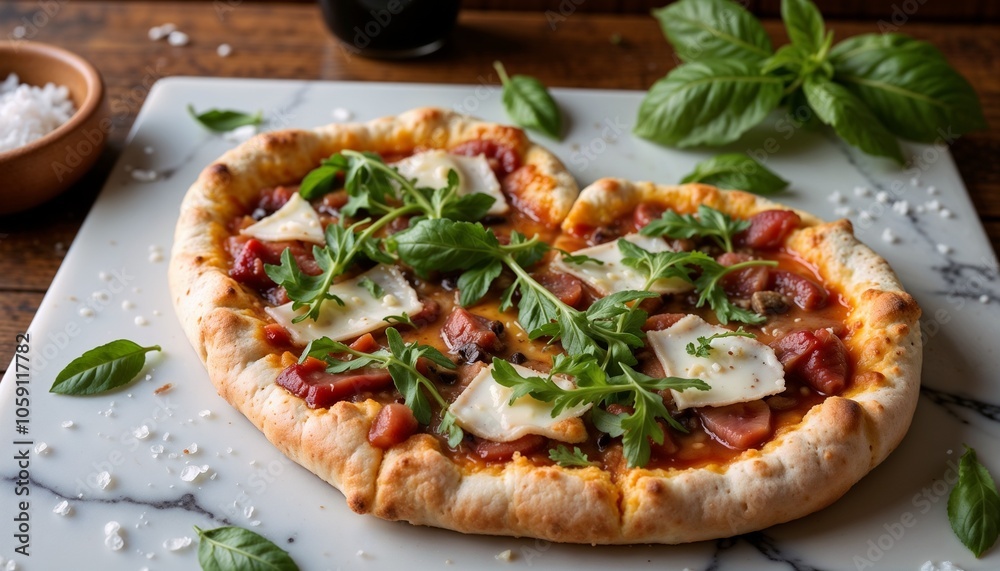 Rustic Heart-Shaped Pizza with Arugula and Mozzarella for Valentine's Day Rustic Heart-Shaped Pizza with Arugula and Mozzarella for Valentine's Day