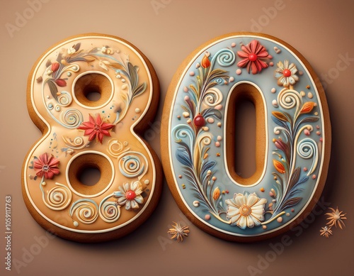 Decorated cookie, number 80, image for birthday or anniversary celebration photo