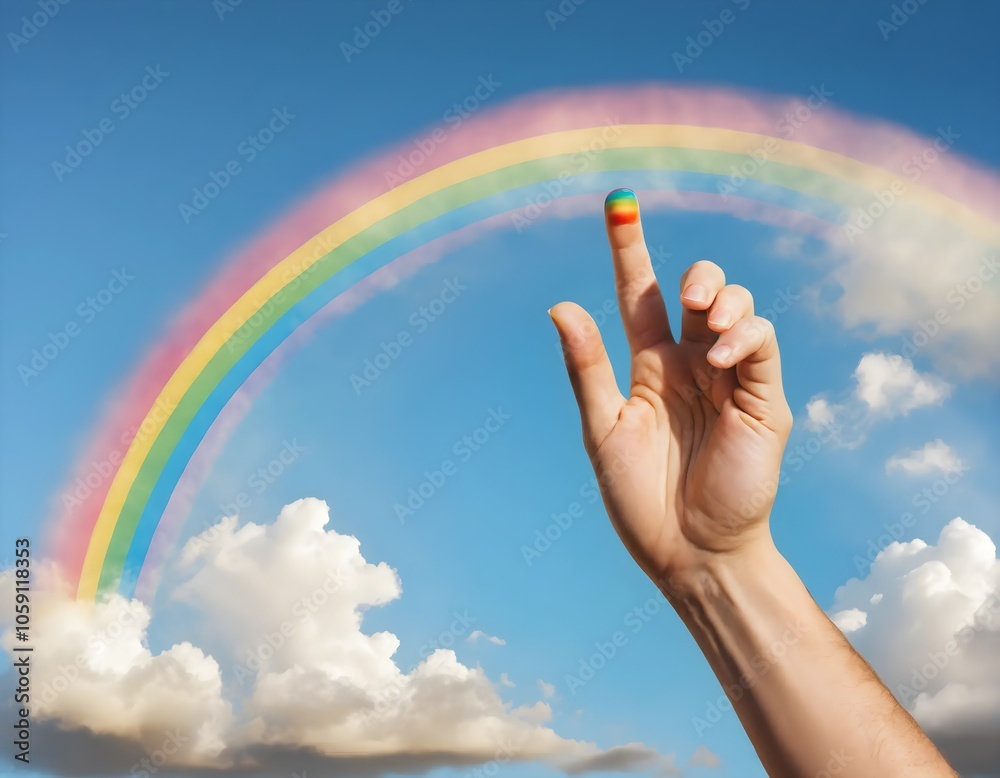 Rainbow Dreams: A hand gently touches a vibrant rainbow arcing across a clear blue sky, symbolizing hope, dreams, and inclusivity. Rainbow Dreams: A hand gently touches a vibrant rainbow arcing across a clear blue sky, symbolizing hope, dreams, and inclusivity.