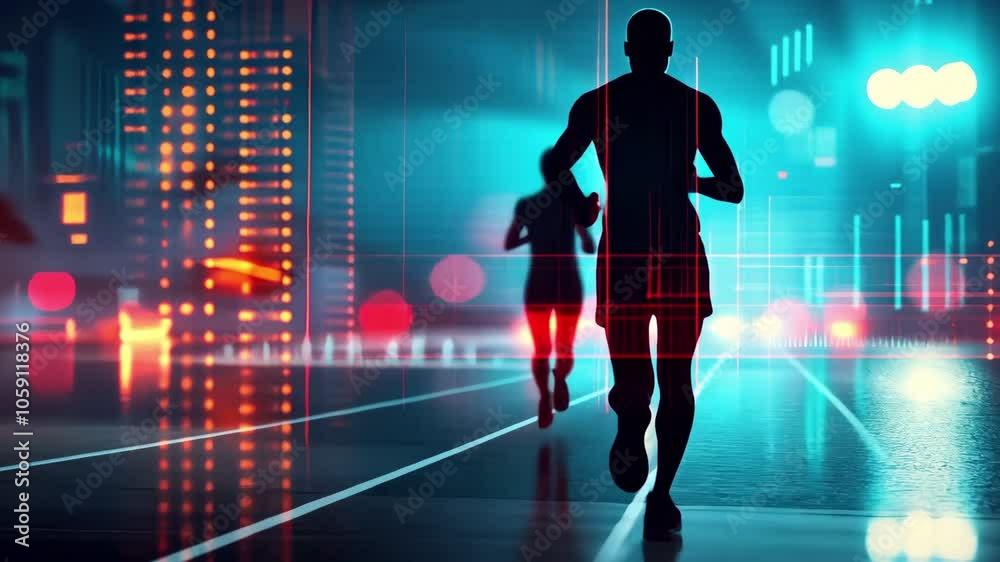 A dynamic scene of two people running in a high-tech environment. The runners are captured in mid-stride, with a futuristic backdrop featuring bright neon lights and digital elements.