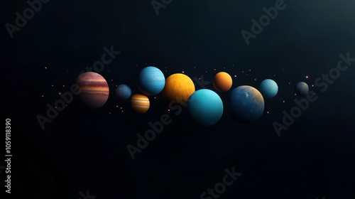 Artistic representation of nine colorful planets in a row against a dark space background, with small glowing stars scattered around, creating a cosmic and celestial atmosphere.