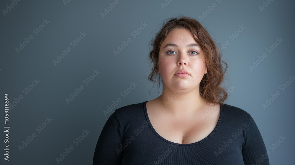Thoughtful plus-size woman in a black top, standing against a gray background with a calm and reflective expression Thoughtful plus-size woman in a black top, standing against a gray background with a calm and reflective expression