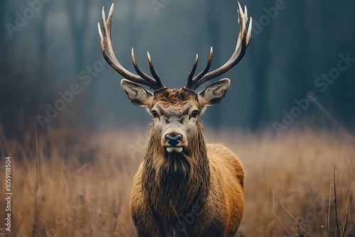 Wet Deer with Antlers in Autumn Woodland