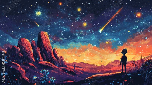 Wallpaper Mural A painting depicts a person standing on a hill staring up at the sky, which is filled with stars and a comet speeding by. Torontodigital.ca