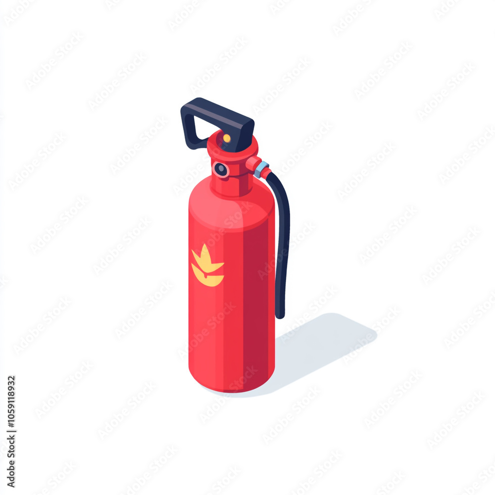 Icon of a fire extinguisher on a white background in an isometric view with a minimalistic design and red color theme. Icon of a fire extinguisher on a white background in an isometric view with a minimalistic design and red color theme.