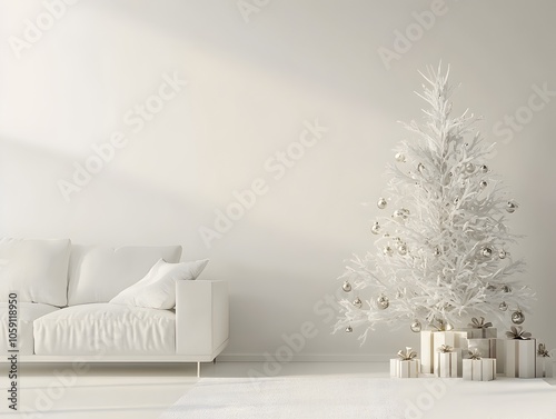 Sleek Monochromatic Christmas Tree in Modern Minimalist Living Room