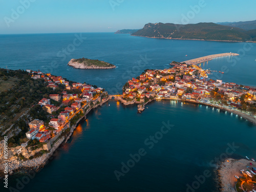 Night view of Amasra, the historical peninsula dating back to the Genoese photo