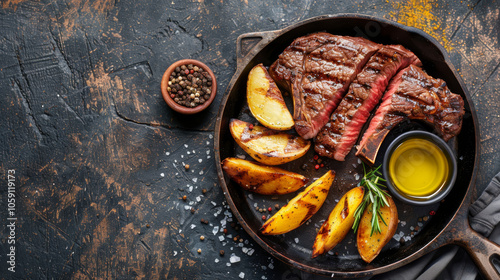 A plate of steak and potatoes with a black sauce photo