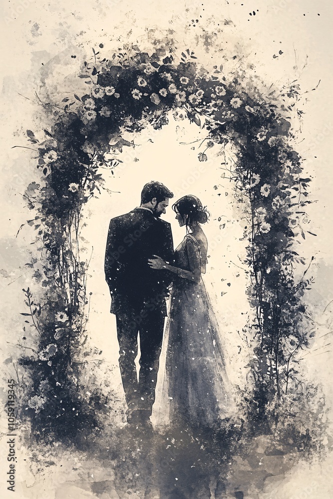 A romantic embrace capturing the essence of love amidst a floral archway in a whimsical watercolor style A romantic embrace capturing the essence of love amidst a floral archway in a whimsical watercolor style